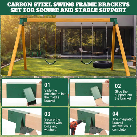 2 Pack Swing Set Brackets A Frame Hardware Kit For Outdoor Green Built To Last Heavy Duty Steel DIY Swing Set Frame With 28 Screws And 28 Washers Includes All Essential Components Wood Not Included. Green steel A-frame swing set brackets on 4x6 beam and 4x4 legs