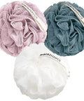 Set of 3 Soft Mesh Bath Shower Loofah Sponges Pouf Body Scrubbers For Gentle Exfoliation And Deep Cleanse With Spa Quality Feel Airy Blossom Color Premium in pink, blue, and white