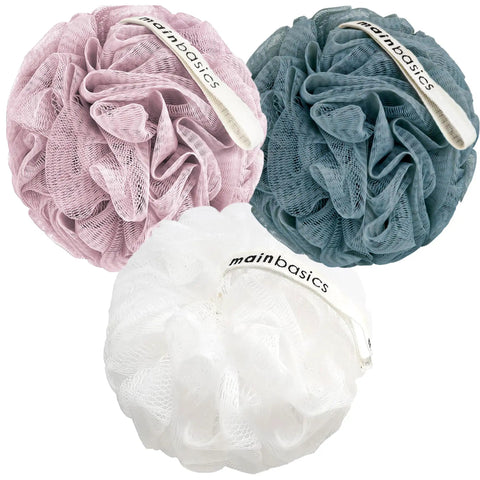 Set of 3 Soft Mesh Bath Shower Loofah Sponges Pouf Body Scrubbers For Gentle Exfoliation And Deep Cleanse With Spa Quality Feel Airy Blossom Color Premium in pink, blue, and white