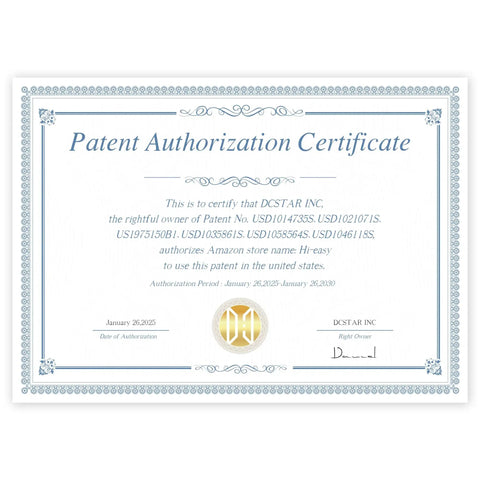 Patent authorization certificate for DCSTAR INC, detailing patent numbers and authorization period, with official seal and signature.