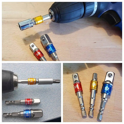 Turns Your Drill Into a High Speed Nut Driver With This Impact Grade Socket Adapter Set 1/4 to 1/2 Inch Drive shown on a drill