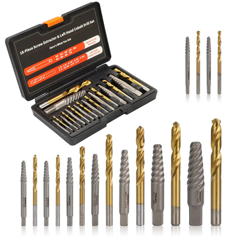 18 Piece Screw Extractor Set With Left Hand Drill Bits For Removing Broken Bolts And Stripped Screws Pro Grade Heavy Duty HSS Steel Cobalt Kit