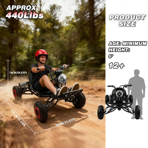 Powerful 2000W Electric Go Kart for Adults and Kids with 30 MPH speed, 6 inch tires, shown on a dirt trail, front view