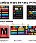 11 Pcs Math Posters For Classrooms, Laminated Bulletin Board Decor, display of various hanging options for colorful math posters