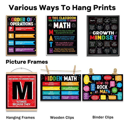 11 Pcs Math Posters For Classrooms, Laminated Bulletin Board Decor, display of various hanging options for colorful math posters