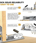 Badass Rigid All Steel Pocket Hole Jig Kit With Quick Release Toggle Clamp Heavy Duty CNC Machined Frame Zero Flex woodworking setup showing adjustable drill bit depth and screw positioning.