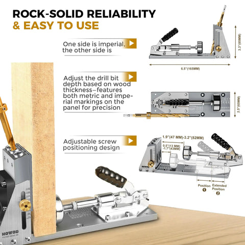 Badass Rigid All Steel Pocket Hole Jig Kit With Quick Release Toggle Clamp Heavy Duty CNC Machined Frame Zero Flex woodworking setup showing adjustable drill bit depth and screw positioning.