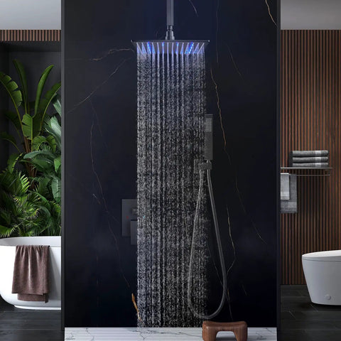 Top Shelf Ceiling Shower Faucet Set Featuring Handheld Sprayer And 12 Inch Led Rainfall Head Slick Matte Black Finish Solid Stainless Steel Build With Brass Valve For Heavy Duty Bathroom Upgrades