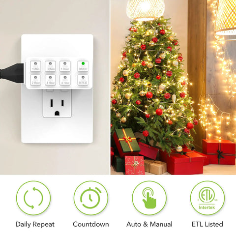 Indoor Countdown Timer With Repeat Function For Home Use, Heavy Duty 3 Prong Grounded Outlet, 15A 1875W 0.5 HP ETL Listed, Fully Adjustable Up To 6 Hours With 15 Min, 30 Min, 1 Hr, 2 Hr, 4 Hr And 6 Hr Settings, Easy On Off Override