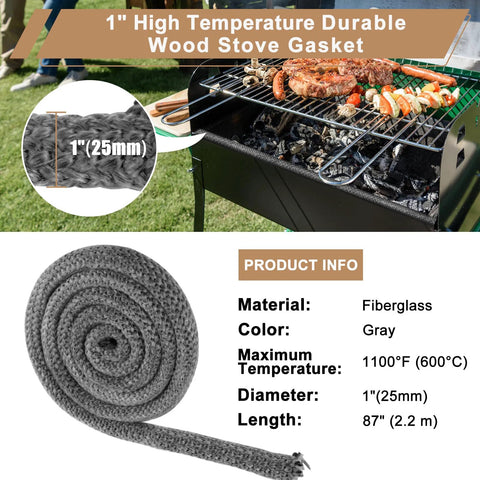 Komokeru wood stove door gasket rope, 1in x 86in, gray fiberglass seal for wood-burning stoves