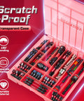 98 Piece Impact Screwdriver Bit Set With Magnetic S2 Steel Bits in a clear red storage box showing slots and tools.