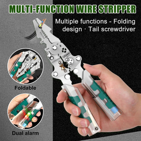 18 In 1 Foldable Wire Stripper With Voltage Detector, multifunctional tool showing foldable design and tail screwdriver