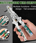 All In One 18 In 1 Foldable Wire Stripper With Voltage Detector held in hand showing multiple functions and folding design
