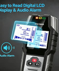 Wall Scanner Stud Finder with Deep Scan 4 Depth Modes-Electronic Stud Detector for Wood,Metal,AC Wires,Pipes,Rebar with LCD Display-Black showing clear digital LCD display and audio alarm icon.