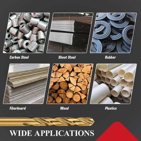 Collage-style drill bit image showing carbon steel, sheet steel, rubber, fiberboard, wood, and plastics
