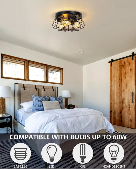 Dope Farmhouse Flush Mount Ceiling Light With Industrial Metal Cage Shade installed in a modern bedroom, E26 base lighting fixture.