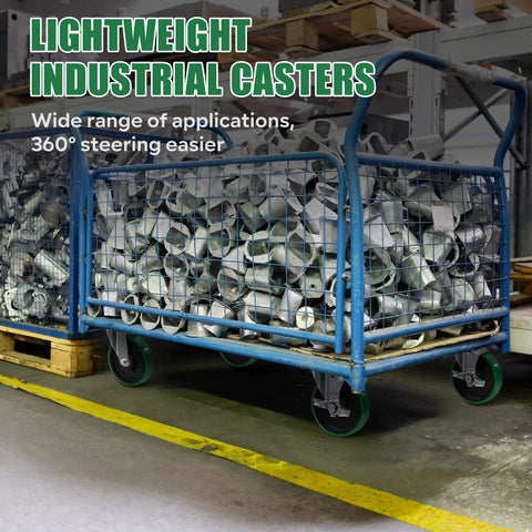Blue industrial rolling cart with metal mesh sides on four swivel casters, loaded with metal scrap.