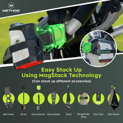 BagStack Gear Hub Starter Pack Magnetic Golf Gear Organizer with attached accessories using MagStack technology on golf bag