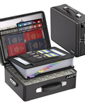 Open Ten Layer Fireproof Document Safe Box With Lock And Zippered Pockets, showcasing compartments for documents, passports, cash, and devices.