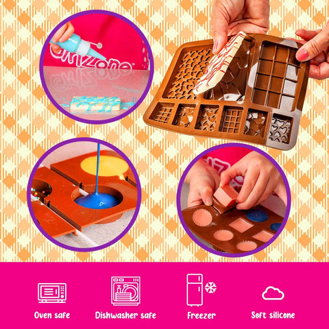 Totally Fun Chocolate Making Kit For Kids With Candy Bar Molds Lolly Sticks And Wrappers A Fun Creative Activity For Girls Ages 8 And Up A Sweet Birthday Gift At Home showing silicone candy bar molds and hands using chocolate tools