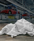 Recycled White Fleece Rags 50 lb box for cleaning and polishing auto home and workshop low lint mad absorbent wipes on table