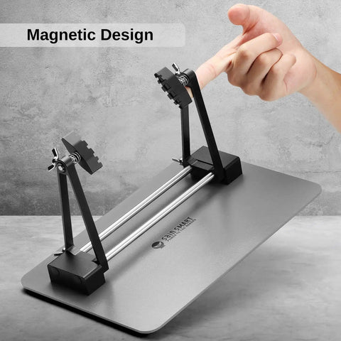 Magnetic Adjustable Circuit Board Holder With 360 Degrees Rotating Clamps on metallic base, hand adjusting clamp feature