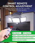 Hotainoys Solar Motion Sensor Outdoor Lights, 3-Head 208led with remote control adjustment for easy operation at night.