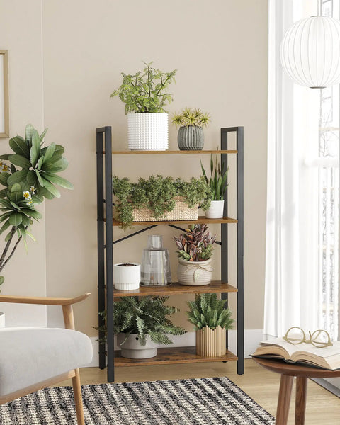 Workhorse Four Tier Bookshelf With Heavy Duty Steel Frame And Chill Rustic Vibe Industrial Storage Rack displaying plants in a living room.