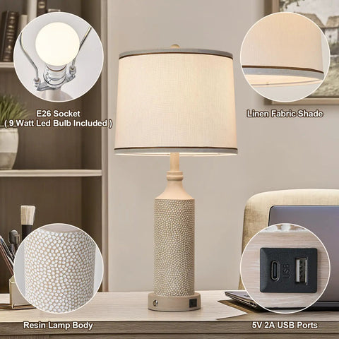 Three Way Dimmable Touch Table Lamp With USB A And C Ports, Vintage Washed White Resin Bedside Farmhouse Lamp with Linen Shade
