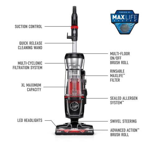 Hoover MaxLife Pro Pet Swivel Bagless Upright Vacuum With Windtunnel Tech. Powerful Multi-Cyclonic Suction Lifts Embedded Dirt For Deep Carpet And Hard Floor Cleaning. Catches Pet Hair And Allergens. Ideal For Busy Homes And Mixed Flooring Types.
