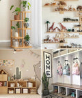 Home interior with plant shelf, toy animal display, organized bookcase, and coat rack, showcasing storage solutions.