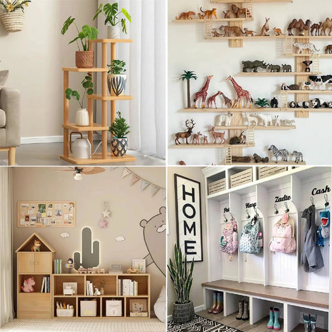 Home interior with plant shelf, toy animal display, organized bookcase, and coat rack, showcasing storage solutions.