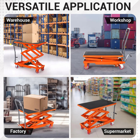 Heavy Duty Double Scissor Hydraulic Lift Table Cart 770 Lb Capacity in warehouse, lifting boxes with thick steel and rust proof coating.