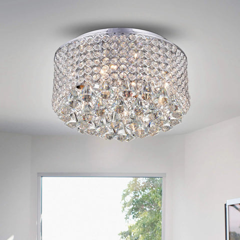 Chrome Crystal Circle Ceiling Lamp Flush Mount In Grey Finish Dope Diamond Cut Glass Chandelier Alternative For Dining Room Or Entryway ETL Listed Bright And Elegant Lighting Fixture.