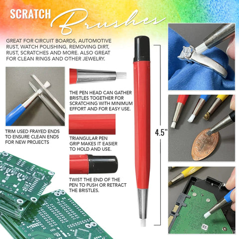 Scratch Brush Pen Set With Replacement Tips For Rust Corrosion Jewelry Circuit Boards And Auto Body Work All In One Go To 8 Piece Kit Featuring Brass Steel Nylon And Fiberglass Bristles And Flexible Length End Cap shown with uses