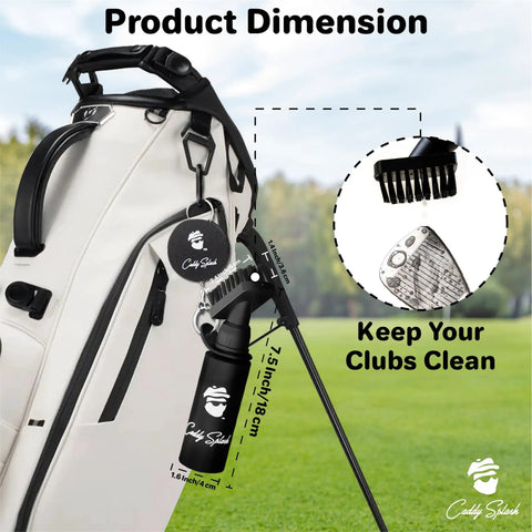 Image of a Water Powered Golf Club Brush Cleaner With Heavy Duty Retractable Clip Squeeze Bottle attached to a golf bag.