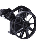 Hefty Cast Iron Twin Cylinder Replacement Air Compressor Pump Head with black finish and dual cylinders for industrial use.