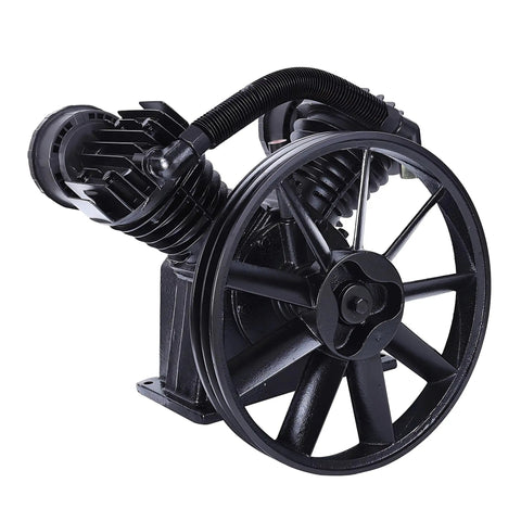 Hefty Cast Iron Twin Cylinder Replacement Air Compressor Pump Head with black finish and dual cylinders for industrial use.