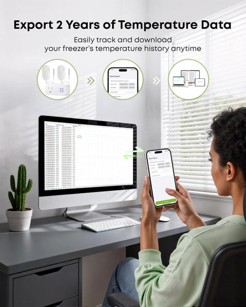WiFi Refrigerator Thermometer With Freezer Alarm and Remote Temperature Monitoring Dope App Alerts Email Buzzer Power Outage Alerts Pass Through Outlet Hub Two Sensors Ultra Flat Probe for Home Kitchen data export on phone and computer