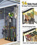Heavy Duty Garden Tool Organizer Rack With 48 Long Handled Tool Slots And Side Hooks for rakes, shovels, brooms in garage