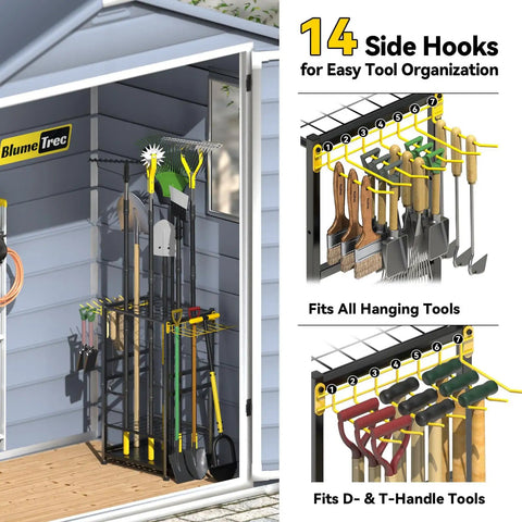 Heavy Duty Garden Tool Organizer Rack With 48 Long Handled Tool Slots And Side Hooks for rakes, shovels, brooms in garage