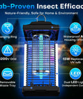 Image showing Dual Wavelength UV Bug Zapper For Outdoor Use With 365nm And 395nm UV Bulbs, 50000 Hour Lifespan, 4200V Electric Mosquito Zapper, IPX4 Waterproof, highlighting features like 4200V grid and waterproof ABS housing, suitable for patios and backyards.