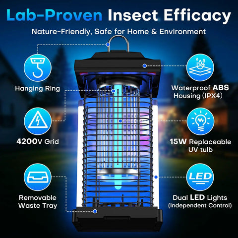 Image showing Dual Wavelength UV Bug Zapper For Outdoor Use With 365nm And 395nm UV Bulbs, 50000 Hour Lifespan, 4200V Electric Mosquito Zapper, IPX4 Waterproof, highlighting features like 4200V grid and waterproof ABS housing, suitable for patios and backyards.