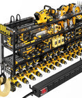 49.5 Inch Wide Power Tool Organizer Wall Mount With Built In Charging Station And Four Tier Heavy Duty Drill And Tool Holder For Garage Pro Grade Supports Up To 800 LB Load Battery Storage Rack And Built In Eight Outlet Power Strip displaying assorted tools and power strip.