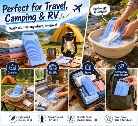 Heavy Duty Japanese Plastic Washboard For Laundry Scrubbing Portable Hand Wash Board Hella Tough For Socks Underwear Baby Gear Durable Textured Surface Removes Dirt Fast Perfect For Travel And Camping Adventures in a camping setting.
