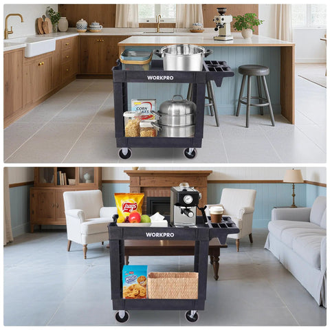Heavy Duty Rolling Tool Cart Two Tier With Locking Casters, 500 Lb Capacity, Durable PP Construction, Mobile Workshop Organizer For Tools And Supplies, Top Shelf 31x17x4 In, Bottom Shelf 30x16x4 In, in kitchen and living room use