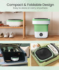 20 Liter Portable Washing Machine With Robust Spin Basket Setup, Compact Mini Laundry Agitator Designed For Dorm Rooms And Cramped Kitchens, Slick Hygienic Clean in green and white, shown stored in car and on shelf.
