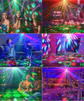 Disco Ball Stage Lights With Remote Control 2 In 1 Strobe Laser RGB Color Effect illuminating various party scenes