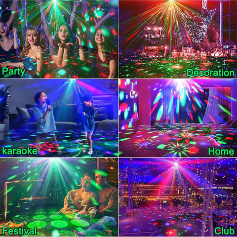 Disco Ball Stage Lights With Remote Control 2 In 1 Strobe Laser RGB Color Effect illuminating various party scenes