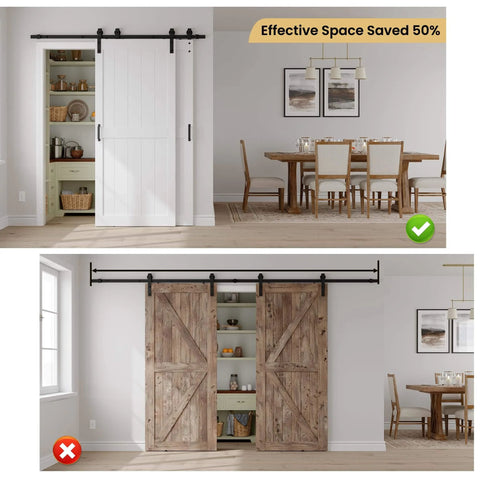 38 Inch By 84 Inch Bypass Barn Door With 6.6 Ft Track Hardware Kit Included, H Shape Solid Core MDF Build, installed in dining room.